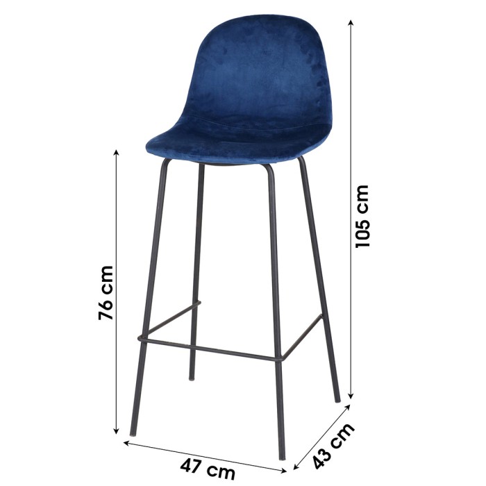 Set di 4 sgabelli da bar con schienale in velluto blu e struttura in metallo collezione LALY - Stile industriale
