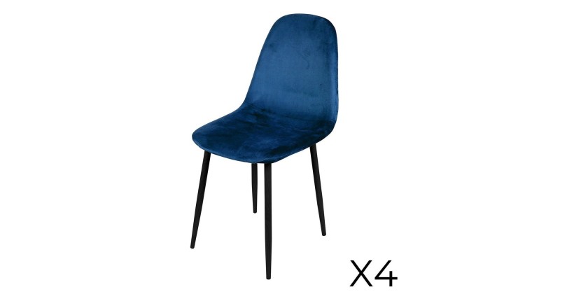 Set di 4 sedie LOLY, seduta e schienale in velluto blu, struttura in metallo nero