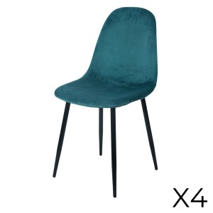Lote de 4 sillas LOLY, asiento y respaldo en terciopelo azul petróleo, estructura de metal negro.
