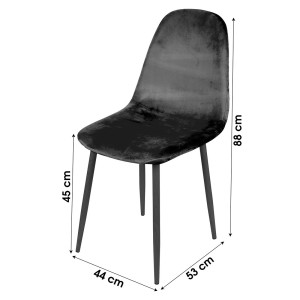 Conjunto de 4 sillas LOLY, asiento y respaldo en terciopelo negro, estructura de metal negro.