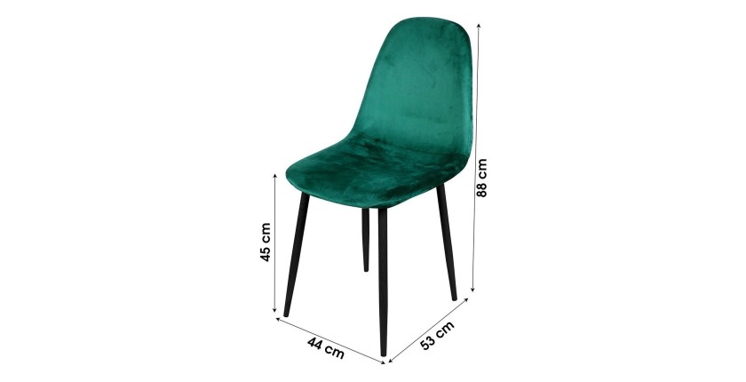 Set di 4 sedie LOLY, seduta e schienale in velluto verde, struttura in metallo nero.