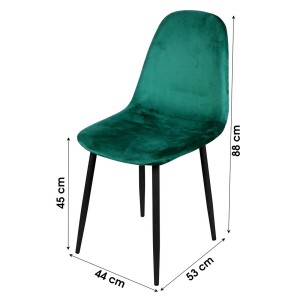 Set di 4 sedie LOLY, seduta e schienale in velluto verde, struttura in metallo nero.