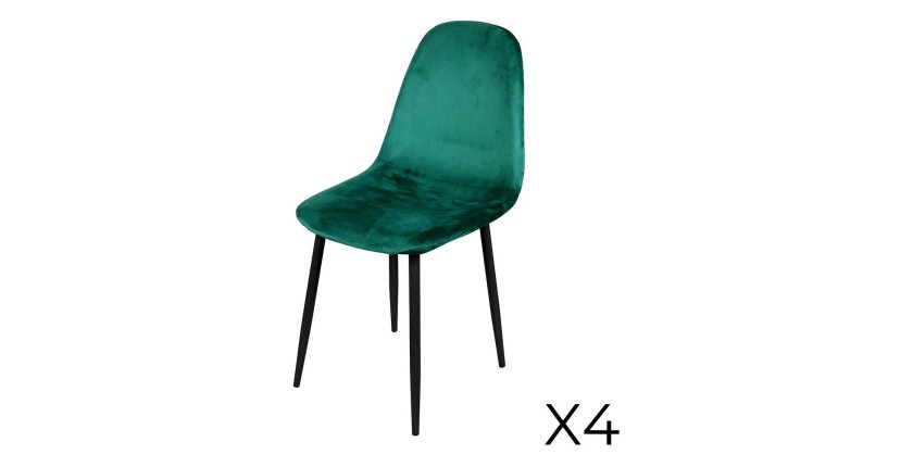 Set di 4 sedie LOLY, seduta e schienale in velluto verde, struttura in metallo nero.