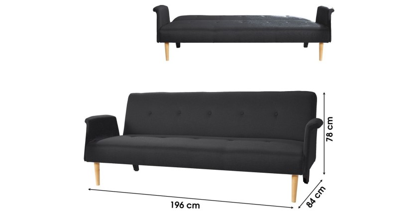 Schlafsofa aus schwarzem Stoff - Kollektion LYLIA, Abmessungen 196x78x84 cm