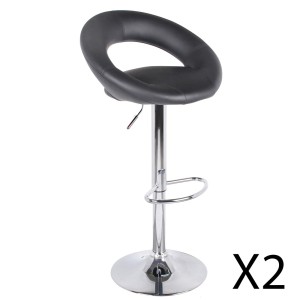 Lot de 2 tabourets de bar réglables en hauteur 77-97 cm – Assise simili cuir PU noir, pied en métal gris, diamètre 40 cm