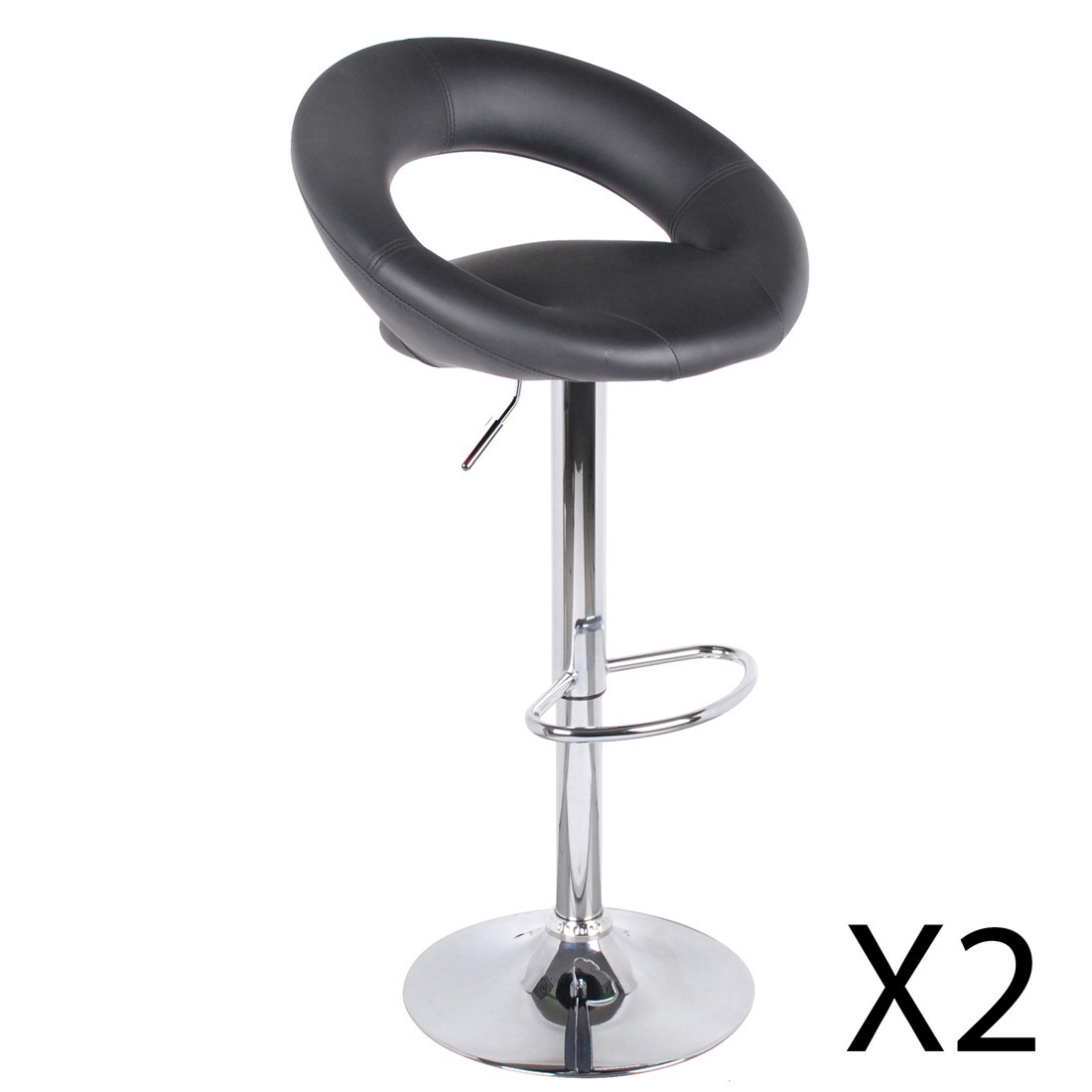 Lot de 2 tabourets de bar réglables en hauteur 77-97 cm – Assise simili cuir PU noir, pied en métal gris, diamètre 40 cm