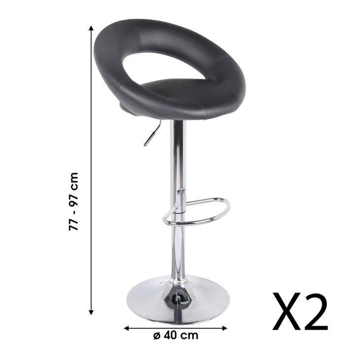 Set di 2 sgabelli da bar regolabili in altezza 77-97 cm – Seduta in similpelle PU nera, piede in metallo grigio, diametro 40 cm