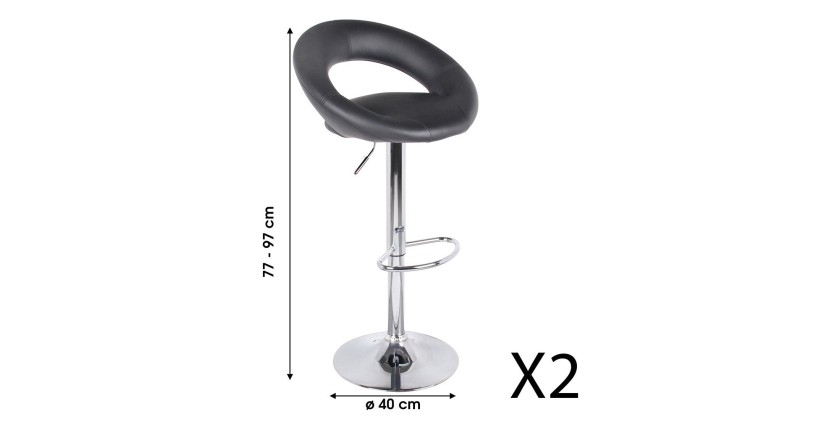 Lote de 2 taburetes de bar ajustables en altura 77-97 cm - Asiento de cuero sintético PU negro, pie de metal gris, diámetro 40 c