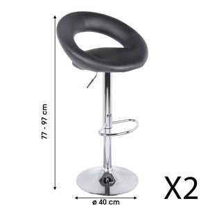 Lot de 2 tabourets de bar réglables en hauteur 77-97 cm – Assise simili cuir PU noir, pied en métal gris, diamètre 40 cm