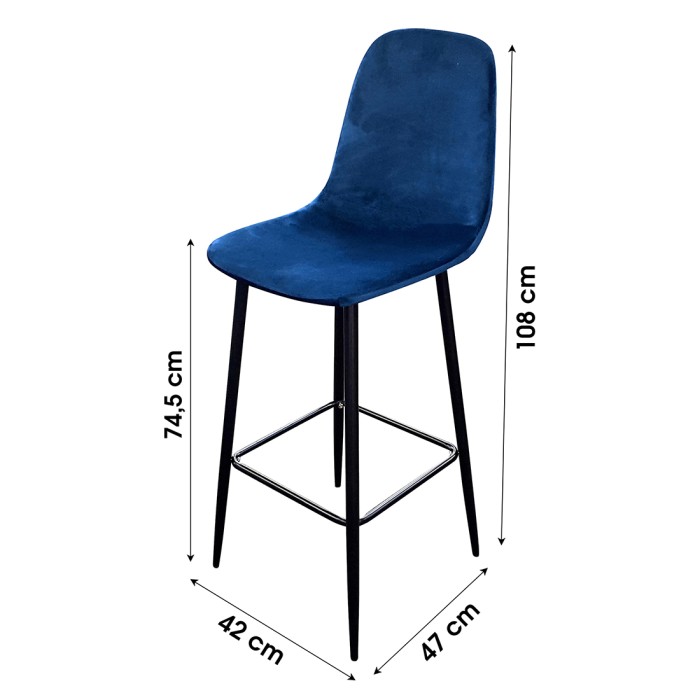 Lote de 4 taburetes LOLY, asiento y respaldo en terciopelo azul, estructura en metal negro
