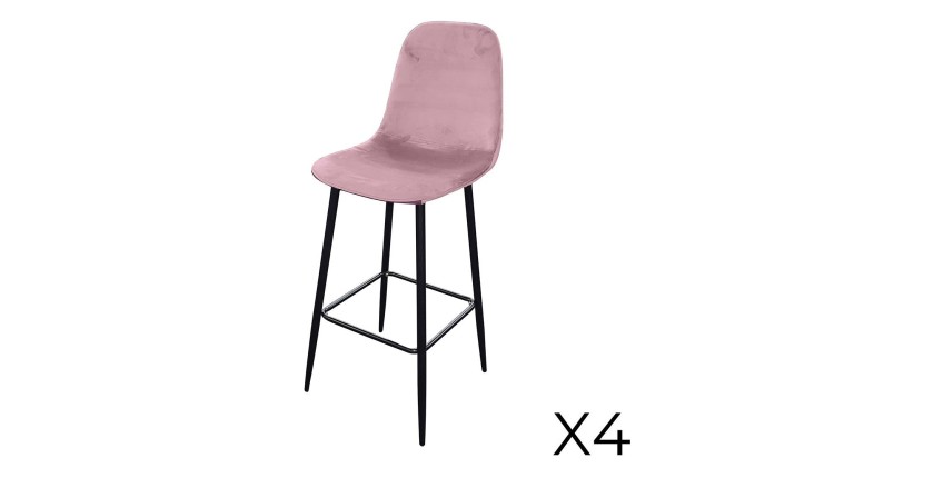 Lote de 4 taburetes LOLY, asiento y respaldo en terciopelo rosa, estructura en metal negro.