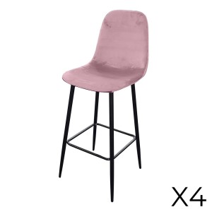 Lote de 4 taburetes LOLY, asiento y respaldo en terciopelo rosa, estructura en metal negro.