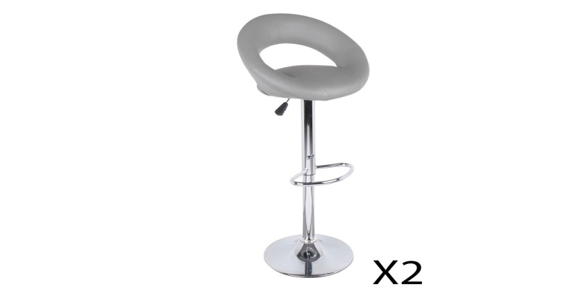 Lote de 2 taburetes de bar ajustables en altura 77-97 cm - Asiento de cuero sintético PU gris, pie de metal gris, diámetro 40 cm