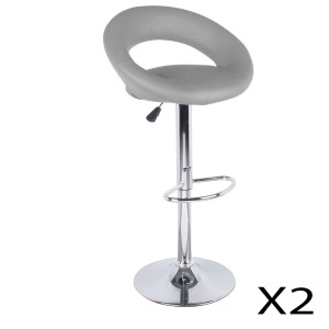 Lote de 2 taburetes de bar ajustables en altura 77-97 cm - Asiento de cuero sintético PU gris, pie de metal gris, diámetro 40 cm