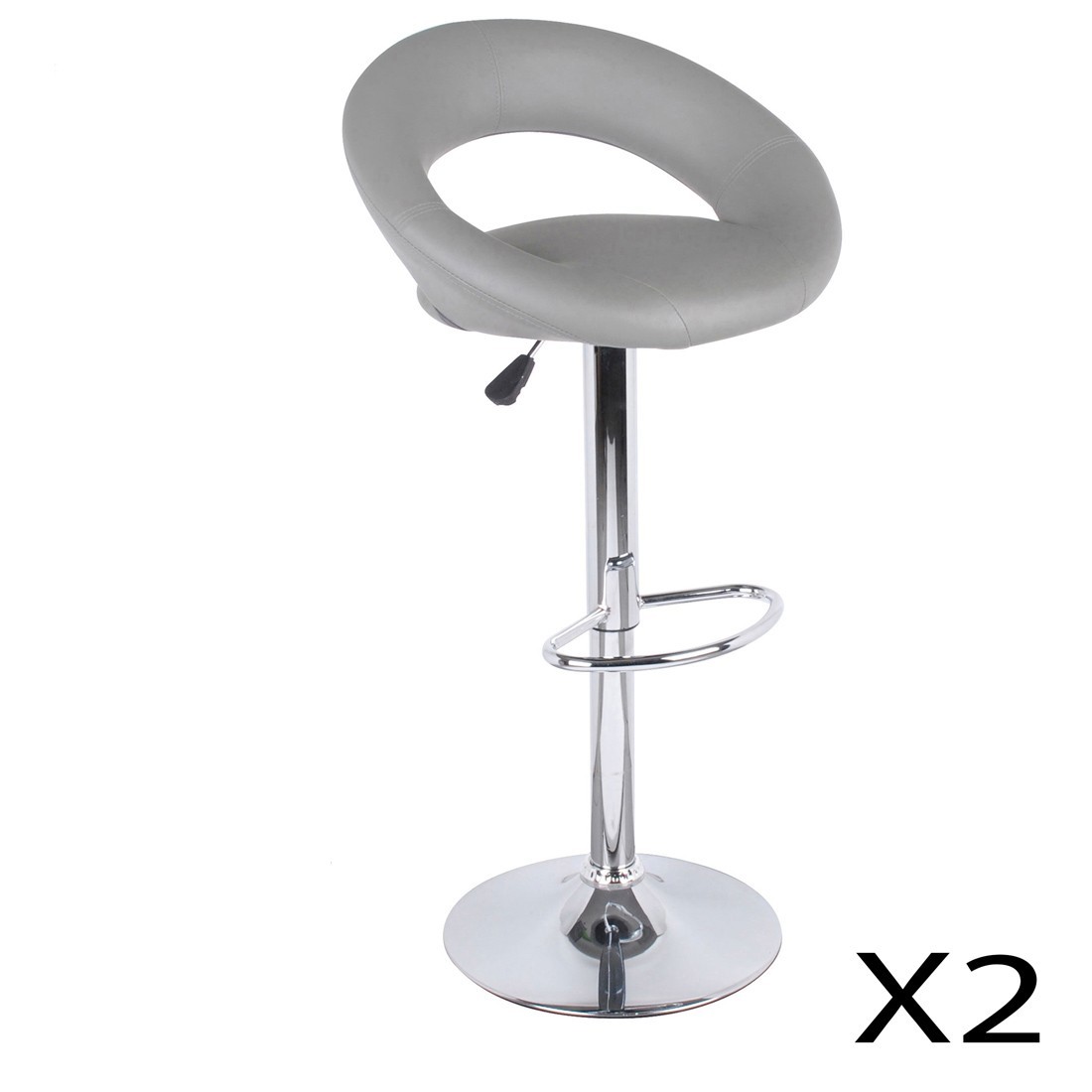 Lote de 2 taburetes de bar ajustables en altura 77-97 cm - Asiento de cuero sintético PU gris, pie de metal gris, diámetro 40 cm