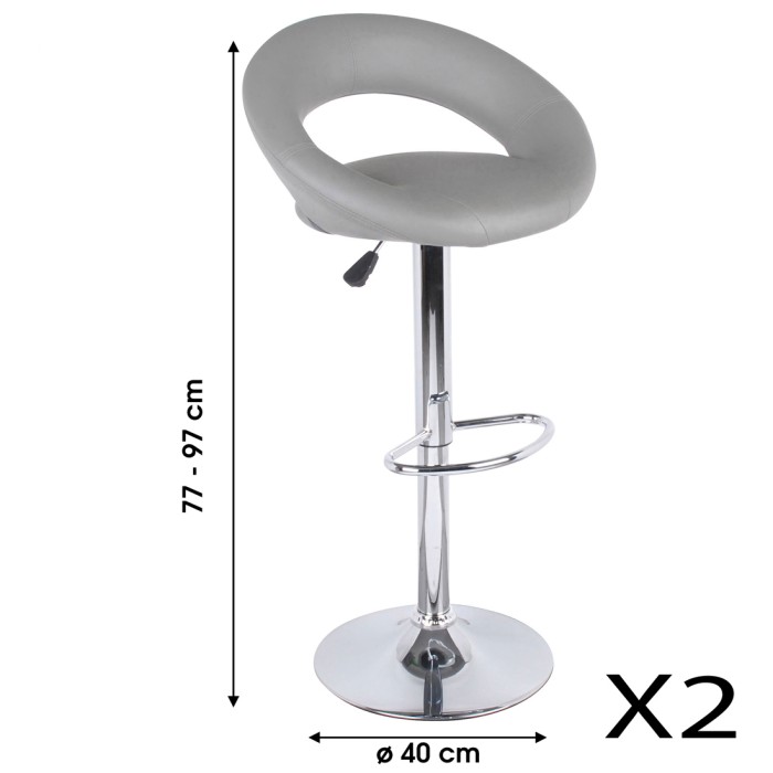 Set di 2 sgabelli da bar regolabili in altezza 77-97 cm - Seduta in similpelle PU grigia, piede in metallo grigio, diametro 40 c