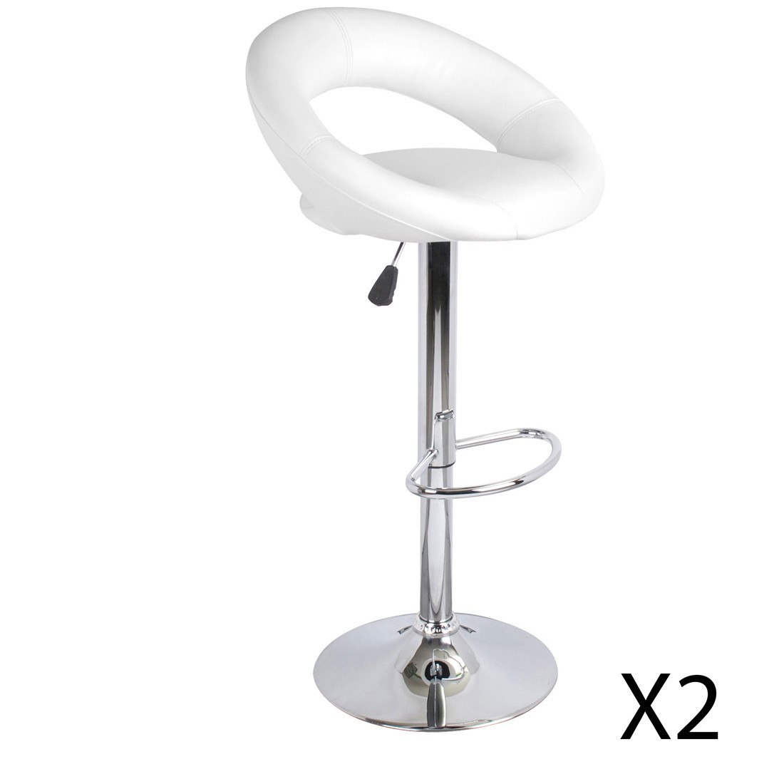 Lote de 2 taburetes de bar ajustables en altura 77-97 cm - Asiento de cuero sintético PU blanco, pie de metal gris, diámetro 40 