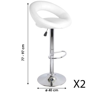 Lote de 2 taburetes de bar ajustables en altura 77-97 cm - Asiento de cuero sintético PU blanco, pie de metal gris, diámetro 40 