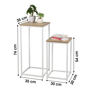Lot de 2 sellettes PUEBLO, structure en métal blanc, plateaux coloris chêne clair