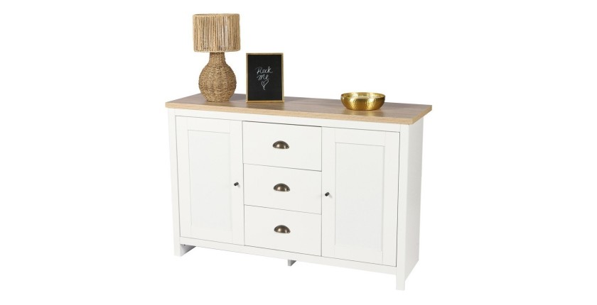 Credenza con 2 porte e 3 cassetti in stile coloniale - 119x39,5xH77 cm, colore bianco e piano in rovere chiaro - Collezione MADE