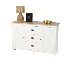 Credenza con 2 porte e 3 cassetti in stile coloniale - 119x39,5xH77 cm, colore bianco e piano in rovere chiaro - Collezione MADE