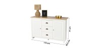 Credenza con 2 porte e 3 cassetti in stile coloniale - 119x39,5xH77 cm, colore bianco e piano in rovere chiaro - Collezione MADE
