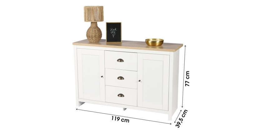 Credenza con 2 porte e 3 cassetti in stile coloniale - 119x39,5xH77 cm, colore bianco e piano in rovere chiaro - Collezione MADE