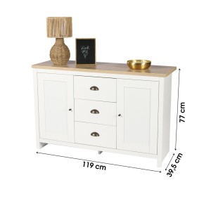 Credenza con 2 porte e 3 cassetti in stile coloniale - 119x39,5xH77 cm, colore bianco e piano in rovere chiaro - Collezione MADE