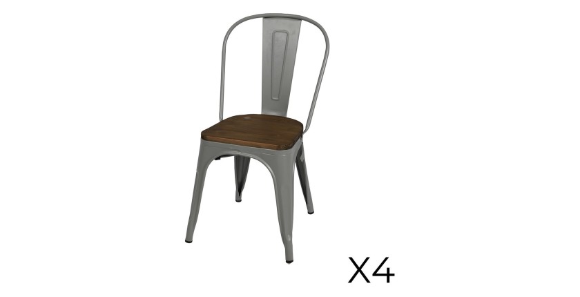 Set van 4 lichte grijze metalen stoelen in industriële stijl. Collectie FACTORY.