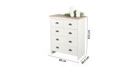 Commode avec 5 tiroirs design colonial – 80x39,5xH97,5 cm, coloris blanc et plateau chêne clair – Collection MADERA