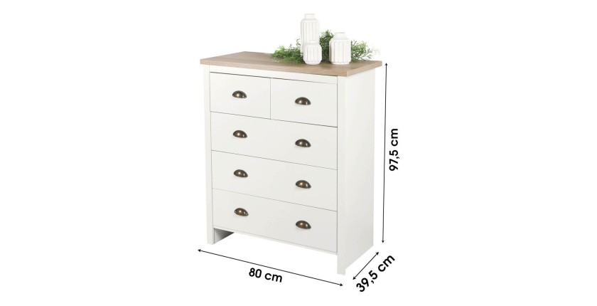 Commode met 5 laden in koloniaal design - 80x39,5xH97,5 cm, wit en licht eiken blad - Collectie MADERA