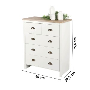 Commode met 5 laden in koloniaal design - 80x39,5xH97,5 cm, wit en licht eiken blad - Collectie MADERA