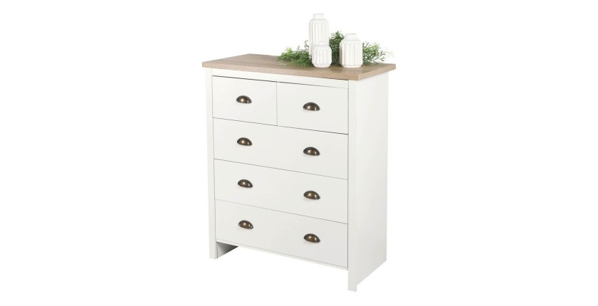 Commode met 5 laden in koloniaal design - 80x39,5xH97,5 cm, wit en licht eiken blad - Collectie MADERA