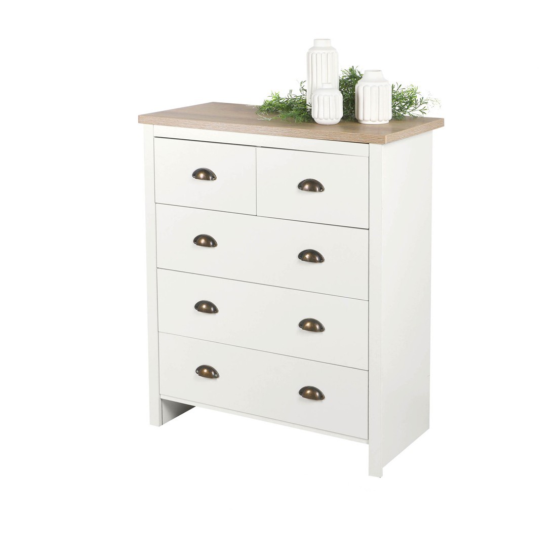Commode met 5 laden in koloniaal design - 80x39,5xH97,5 cm, wit en licht eiken blad - Collectie MADERA