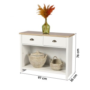 Consolle con 1 ripiano e 2 cassetti di design coloniale - 97x35xH76 cm, colore bianco e piano in rovere chiaro - Collezione MADE