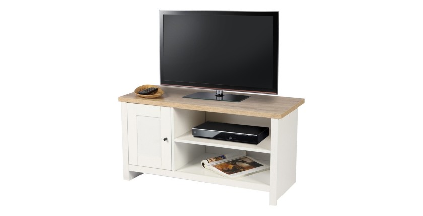 Mueble para TV con 2 compartimentos y 1 puerta de diseño colonial - 95x40xH49 cm, color blanco y superficie de roble claro - Col