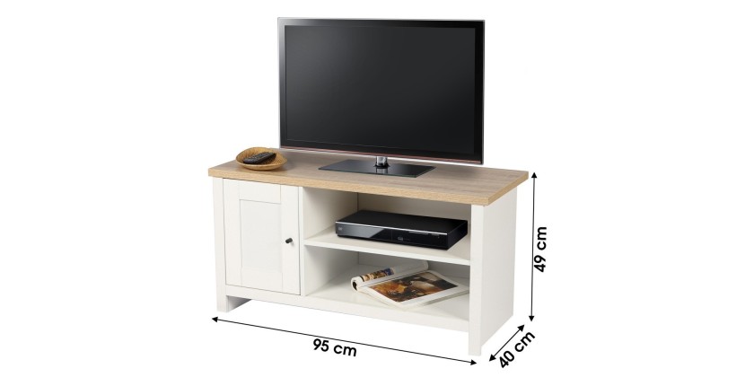 Mueble para TV con 2 compartimentos y 1 puerta de diseño colonial - 95x40xH49 cm, color blanco y superficie de roble claro - Col