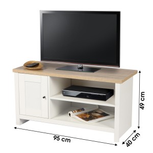 Mueble para TV con 2 compartimentos y 1 puerta de diseño colonial - 95x40xH49 cm, color blanco y superficie de roble claro - Col