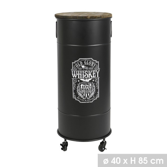 Bar bidon met wielen, collectie OLD GLORY, industriële stijl - Diameter 40cm, Hoogte 85cm