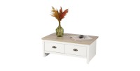 Mesa baja con 2 cajones de diseño colonial - 90x53xH36 cm, color blanco y tapa de roble claro - Colección MADERA