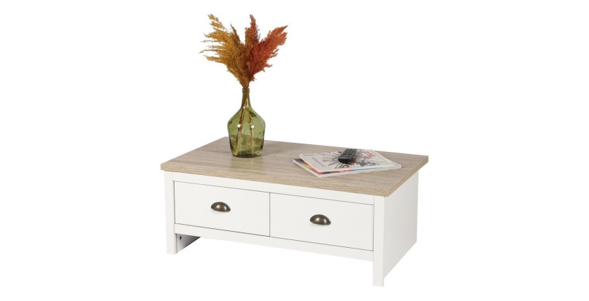 Mesa baja con 2 cajones de diseño colonial - 90x53xH36 cm, color blanco y tapa de roble claro - Colección MADERA