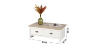 Mesa baja con 2 cajones de diseño colonial - 90x53xH36 cm, color blanco y tapa de roble claro - Colección MADERA