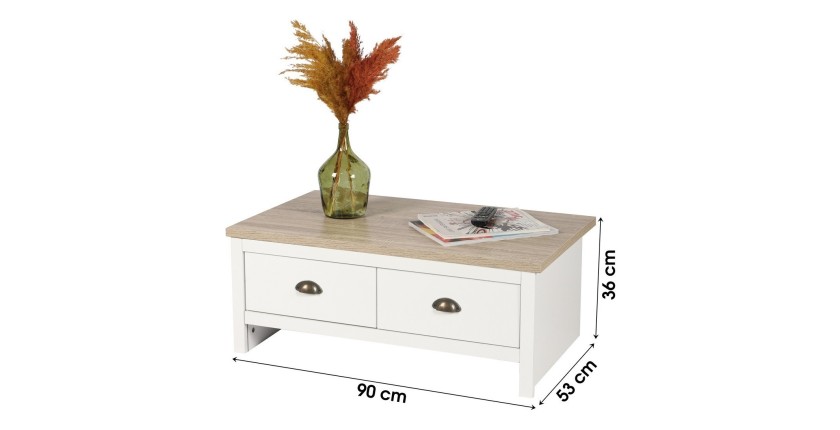 Mesa baja con 2 cajones de diseño colonial - 90x53xH36 cm, color blanco y tapa de roble claro - Colección MADERA