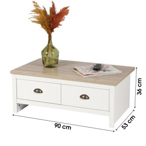 Mesa baja con 2 cajones de diseño colonial - 90x53xH36 cm, color blanco y tapa de roble claro - Colección MADERA