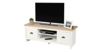 Meuble TV design colonial – 120x39,5xH42,5 cm, 2 tiroirs et 2 niches, coloris blanc et plateau chêne clair – Collection MADERA