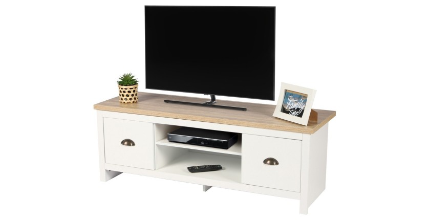 Mueble para TV diseño colonial - 120x39,5xH42,5 cm, 2 cajones y 2 nichos, color blanco con tapa de roble claro - Colección MADER