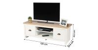 Mueble para TV diseño colonial - 120x39,5xH42,5 cm, 2 cajones y 2 nichos, color blanco con tapa de roble claro - Colección MADER