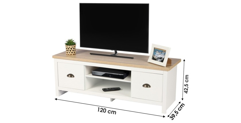 Mueble para TV diseño colonial - 120x39,5xH42,5 cm, 2 cajones y 2 nichos, color blanco con tapa de roble claro - Colección MADER