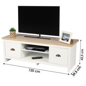 Mueble para TV diseño colonial - 120x39,5xH42,5 cm, 2 cajones y 2 nichos, color blanco con tapa de roble claro - Colección MADER