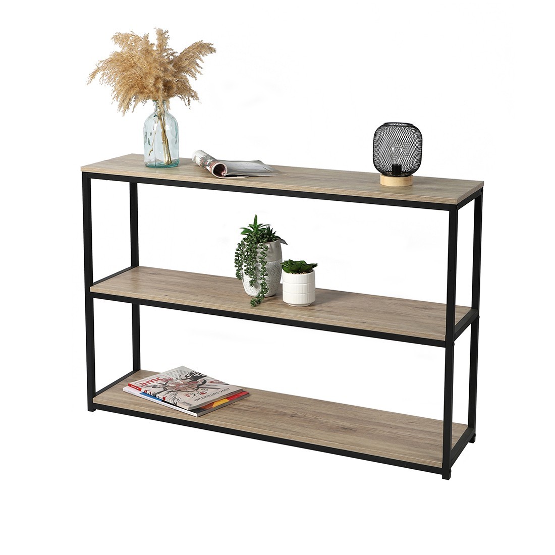Biblioteca de 3 niveles colección RANONG – Estilo industrial, color roble y negro